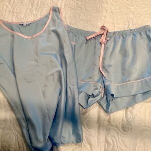 Sky Blue Satin Pajama Set with Pink Trim from Pajamagram. Size xl. Never worn